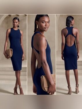 Banana Republic Tia Racerback Midi
Dress, Navy Blue, Size Large, Cutout Bodycon
